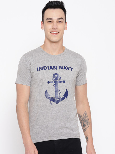 

PRINTOCTOPUS Men Grey Melange & Navy Blue Printed Round Neck T-shirt