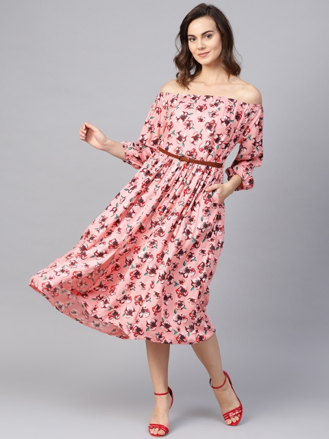 

clorals Women Pink & Red Printed A-Line Dress