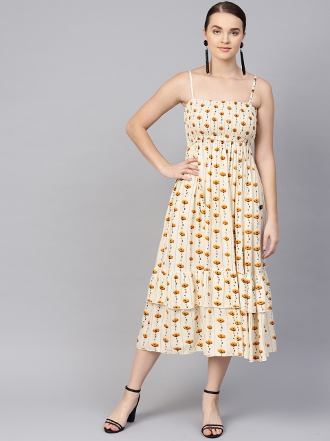 

clorals Women Cream-Coloured & Mustard Yellow Floral Print Fit and Flare Dress