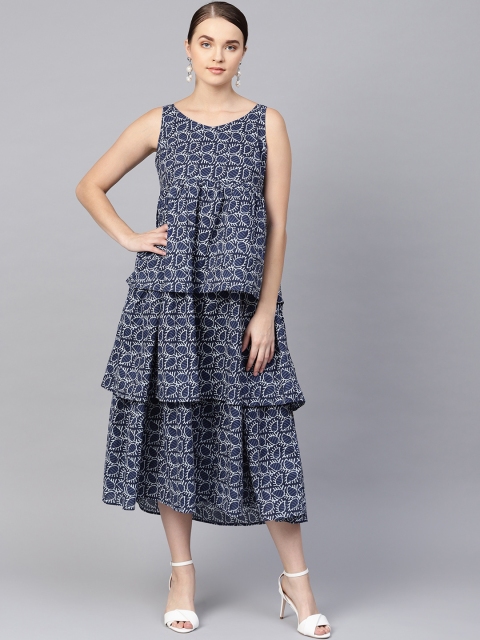 

clorals Women Navy Blue Printed Empire Dress