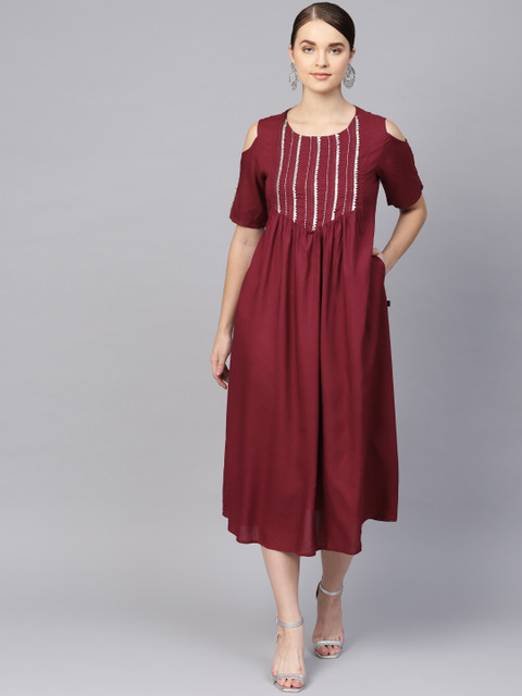 

clorals Women Maroon Solid Cold-Shoulder A-Line Dress