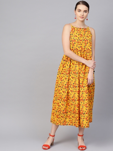

clorals Women Mustard Yellow & Red Micro Ditsy Floral Printed A-Line Dress
