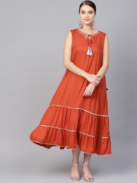 

clorals Women Rust Orange Solid Maxi Dress
