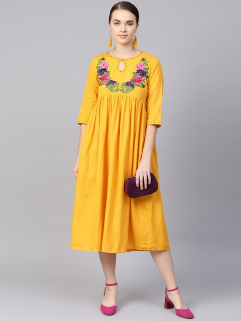 

clorals Women Mustard Yellow Floral Embroidered Detail Empire Dress