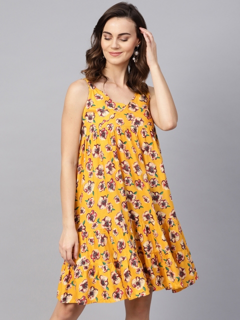 

clorals Women Mustard Yellow & Cream-Coloured Floral Printed Tiered A-line Dress