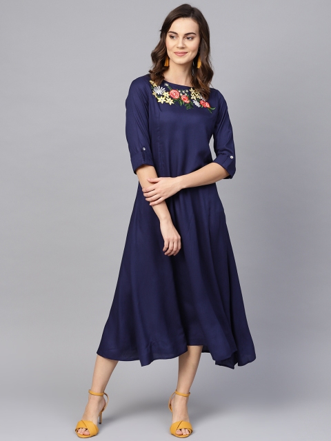 

clorals Women Navy Blue Solid A-Line Dress with Floral Embroidered Detail