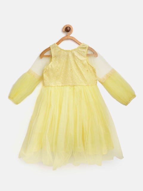 

Jelly Jones Girls Yellow Net Solid Fit & Flare Dress with Embroidered Detail