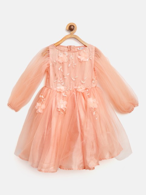 

Jelly Jones Girls Peach-Coloured Net Embroidered Fit & Flare Dress with Applique Detail