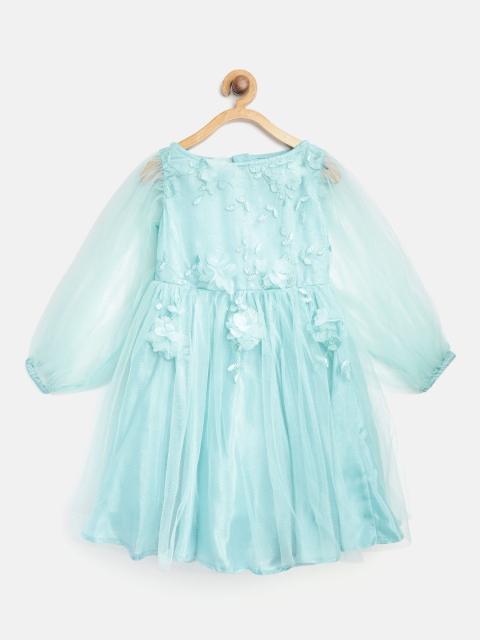 

Jelly Jones Girls Blue Net Embroidered Fit & Flare Dress with Applique Detail