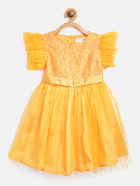 

Jelly Jones Girls Yellow Net Embroidered Fit & Flare Dress
