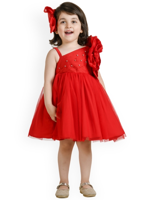

Jelly Jones Girls Red Solid Fit and Flare Dress with Embellished Detail