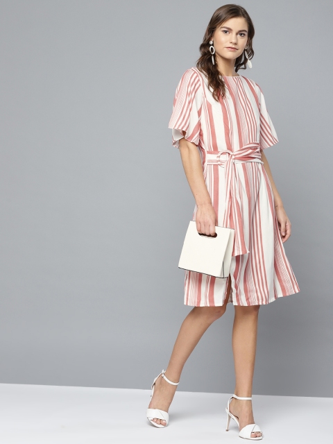 

Marie Claire Women White & Dusty Pink Striped A-Line Dress