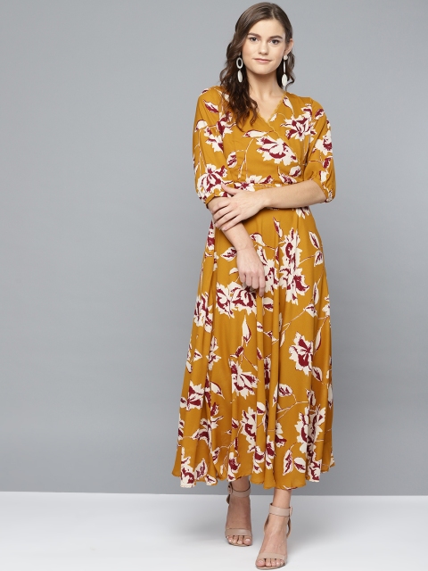 

Marie Claire Women Mustard Yellow & Maroon Floral Printed Maxi Dress