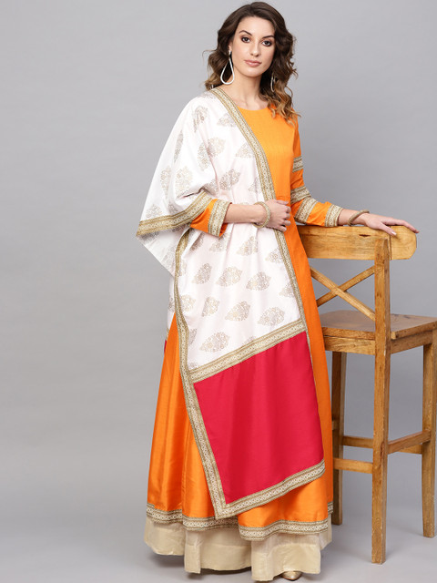 

Ahalyaa Women Orange Solid Anarkali Kurta With Dupatta