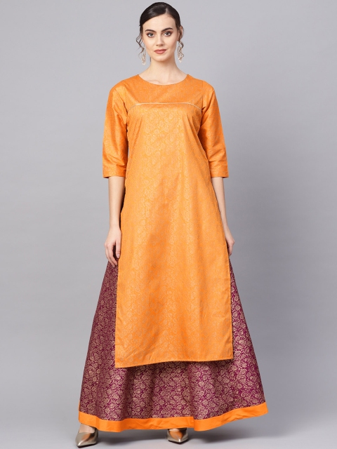 

Ahalyaa Women Mustard Yellow & Burgundy Printed Kurta with Skirt