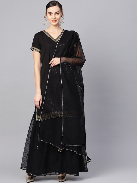 

Ahalyaa Women Black Solid Kurta with Sharara & Dupatta