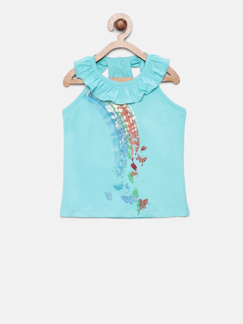 

TAMBOURINE Girls Turquoise Blue Printed Pure Cotton Top