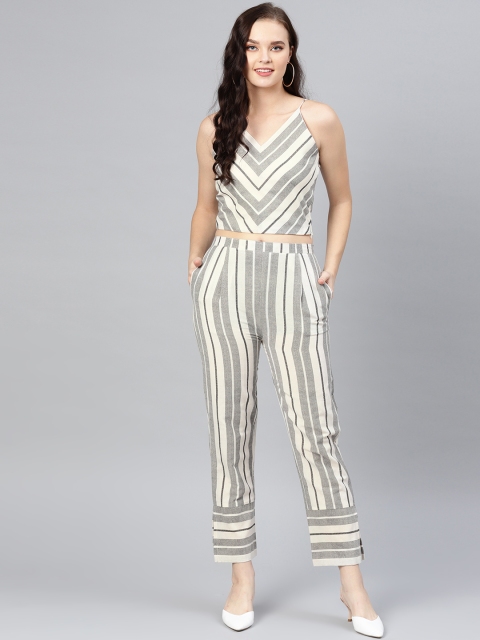 

Inddus Women Off-White & Grey Striped Crop Top with Trousers