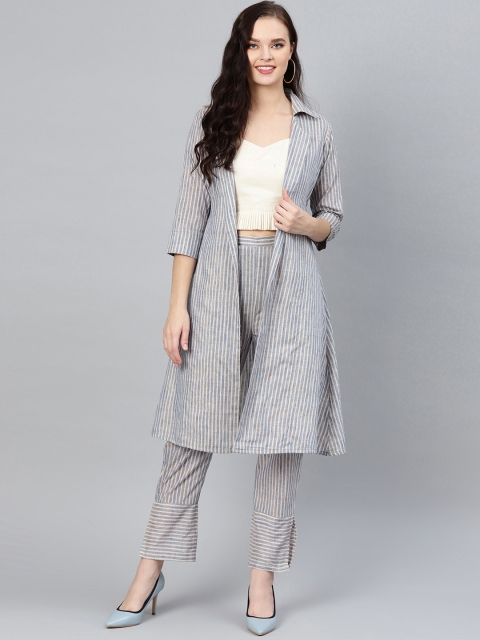 

Inddus Women Cream-Coloured & Blue Solid Top & Trousers with Jacket