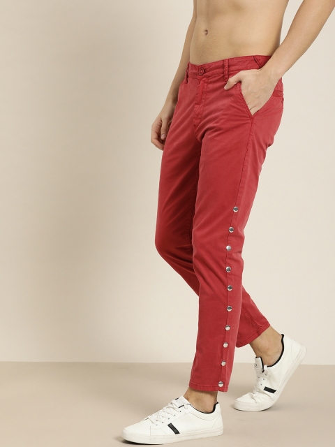 Men Maroon Slim Fit Solid Chinos With Rivet Detailing