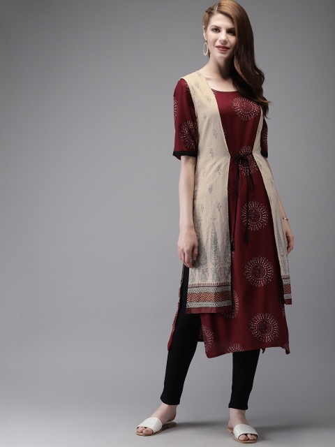 

Anouk Women Maroon & Beige Printed A-Line Layered Kurta