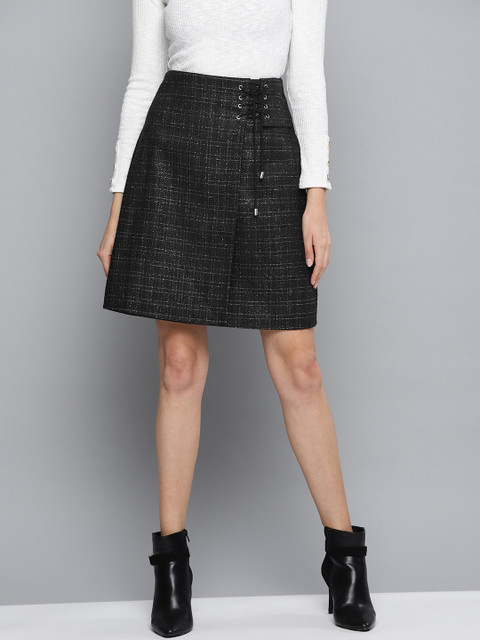 

Marie Claire Women Black & Grey Self Checked Layered A-Line Skirt