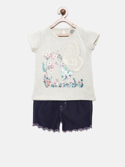 

TAMBOURINE Girls Off-White & Navy Blue Printed T-shirt with Shorts