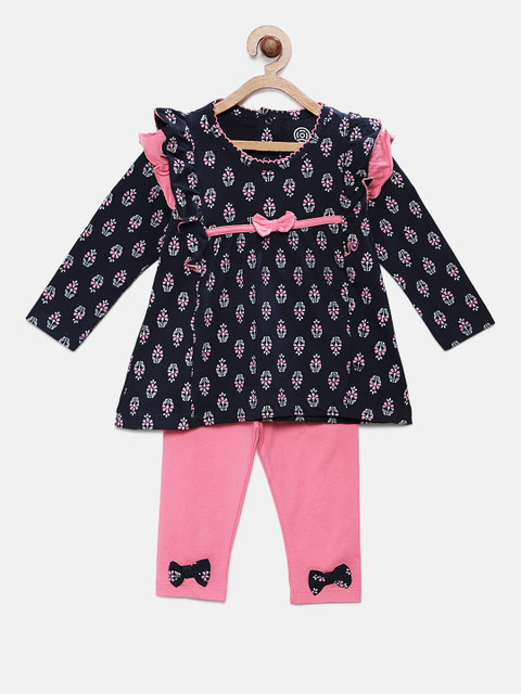 

TAMBOURINE Girls Navy Blue & Pink Printed T-shirt with Leggings