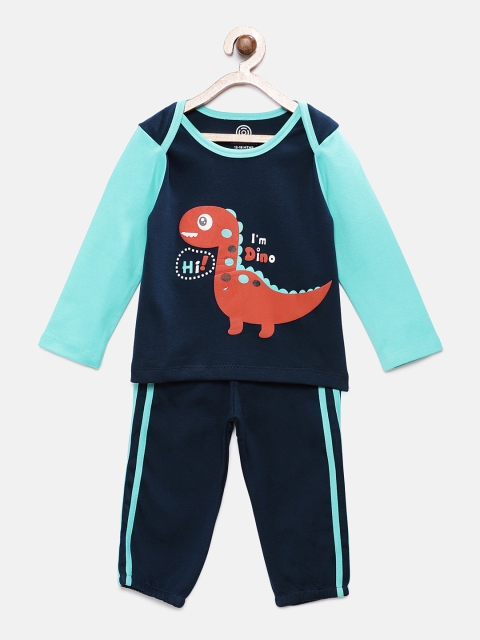 

TAMBOURINE Boys Navy Blue & Sea Green Printed T-shirt with Pyjamas