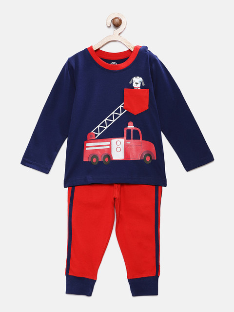 

TAMBOURINE Boys Navy Blue & Red Printed T-shirt with Pyjamas
