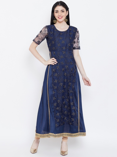 

studio rasa Women Navy Blue Floral Embroidered Layered A-Line Kurta