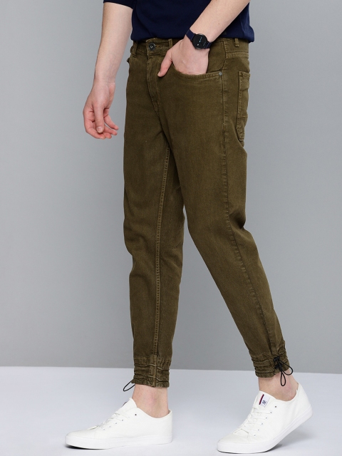 

Mast & Harbour Men Olive Green Carrot Regular Fit Mid-Rise Clean Look Stretchable Jeans