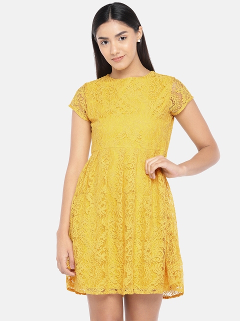 

Globus Women Yellow Self Design Fit and Flare Dress