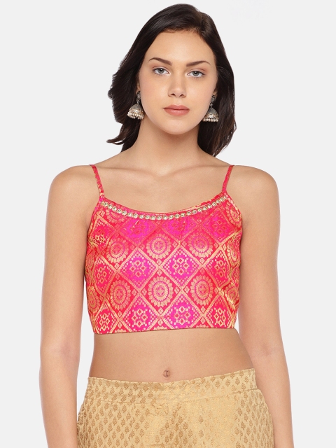 

Globus Women Pink Self Design Crop Tank Top with Embroidered Detail