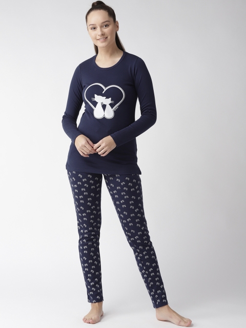 

MADAME M SECRET Women Navy Blue & White Printed Nightsuit