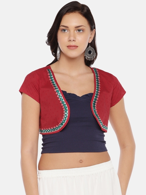 

Globus Women Red Self Design Crop Open Front Shrug with Embroidered Detail