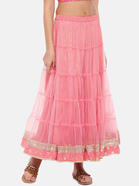 

Globus Women Pink Self-Design Layered Flared Maxi Skirt