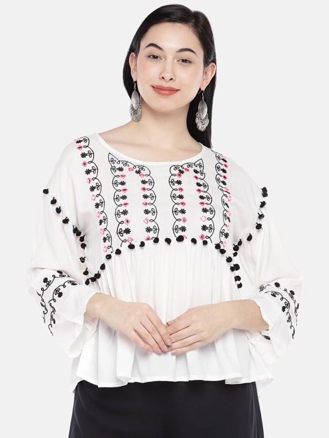 

Globus Women White Embroidered Empire Top