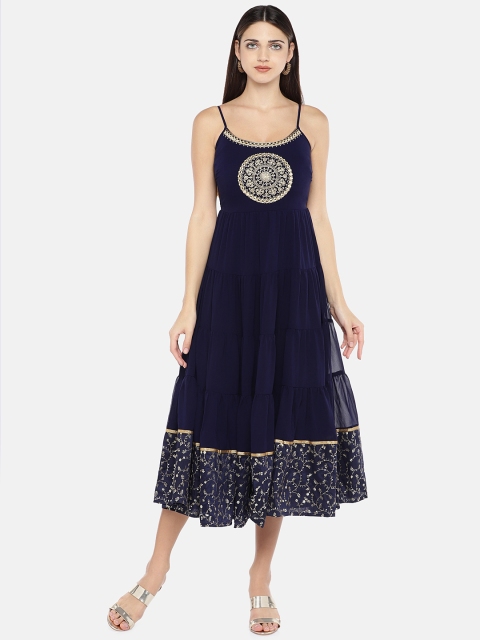 

Globus Women Navy Blue Embroidered Empire Dress