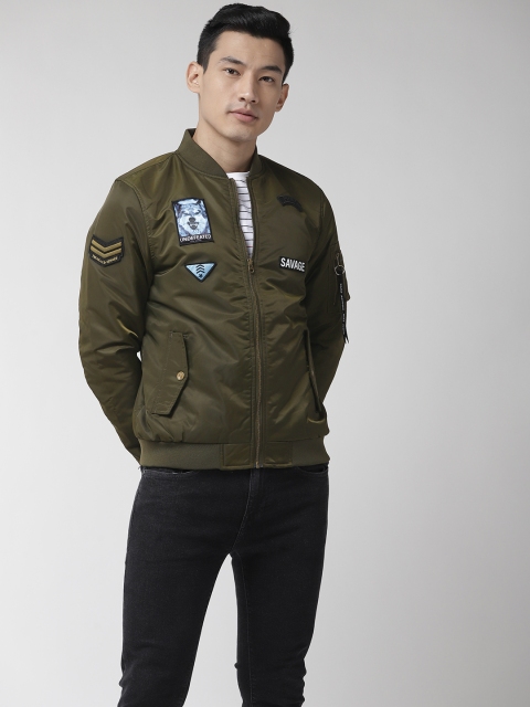 

Flying Machine Men Olive Green Solid Bomber Jacket
