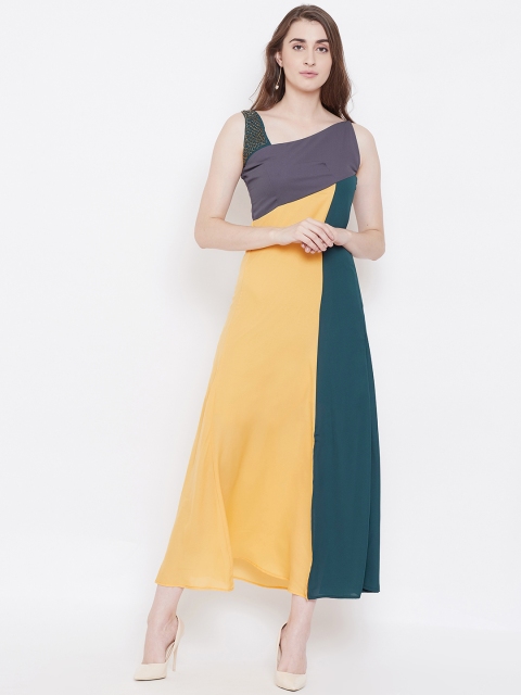 

Instacrush Women Yellow & Teal Green Colourblocked Maxi Dress