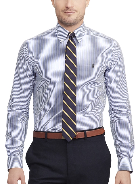 

Polo Ralph Lauren Men's Blue and White Classic Fit Knitted Striped Formal Shirt