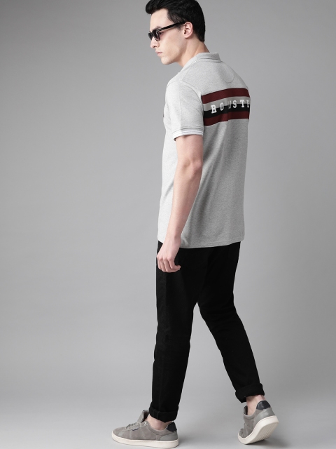 

Roadster Men Grey Melange Printed Back Polo Collar T-shirt
