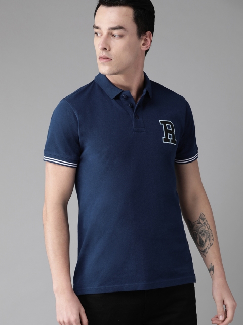 

Roadster Men Navy Printed Back Polo Collar T-shirt, Navy blue