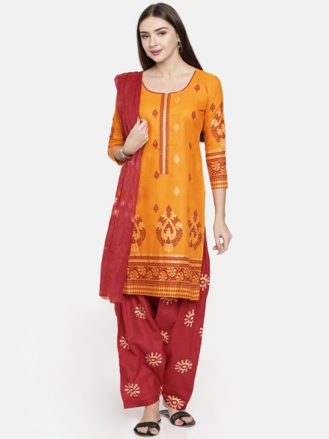 

Rajnandini Mustard Yellow & Red Cotton Blend Unstitched Dress Material