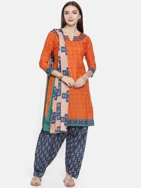 

Rajnandini Orange & Blue Cotton Blend Unstitched Dress Material