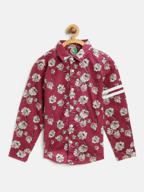 

United Colors of Benetton Boys Burgundy & Off-White Regular Fit Printed Casual Shirt