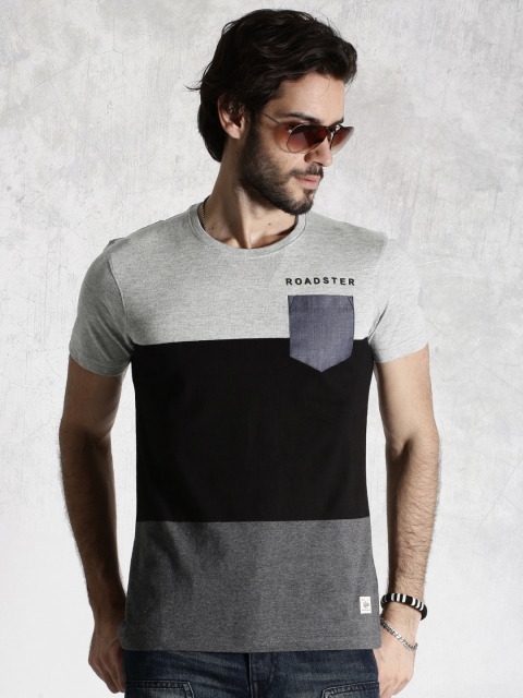 

Roadster Grey Black Colour Block Pure Cotton T-shirt