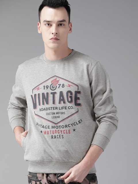 

Roadster Men Grey Melange & Navy Blue Printed Sweatshirt