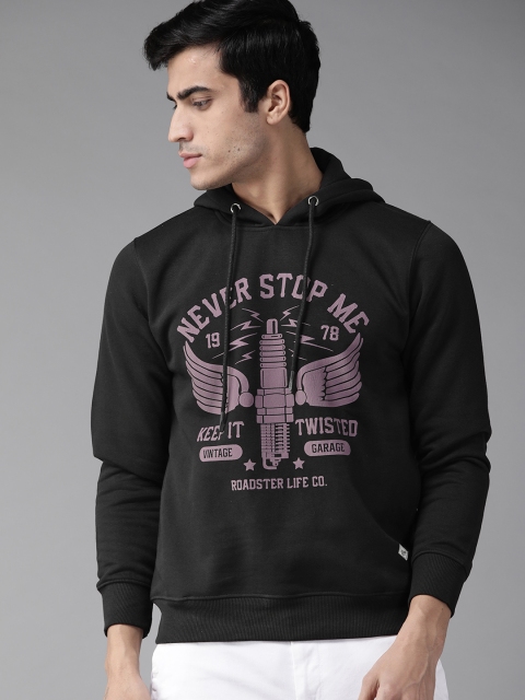 

Roadster Men Black Printed Hooded Sweatshirt